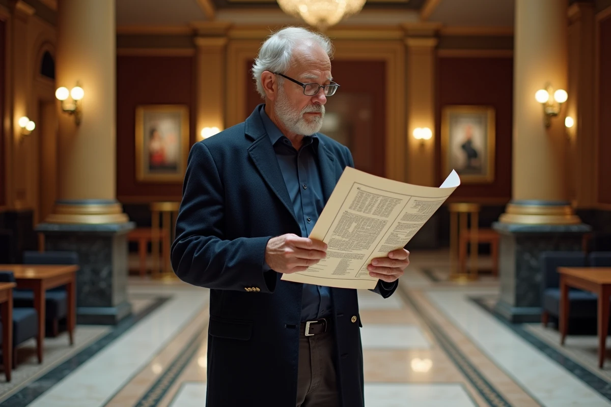 Homme consultant le plan de salle du Grand Rex dans le lobby Art Déco pour choisir sa place au spectacle d'humour