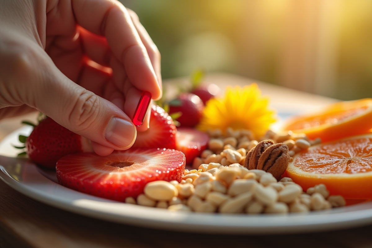 Main plaçant une pilule de vitamine B12 près d