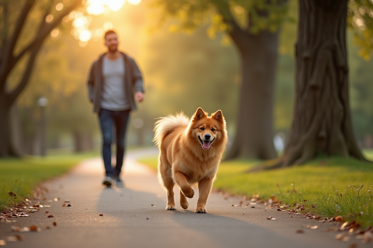 Chien Spitz marchant avec un homme lors d