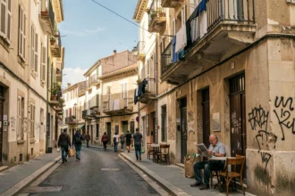 Rue animée d'un quartier populaire de Marseille avec immeubles anciens, volets colorés et habitants du quotidien