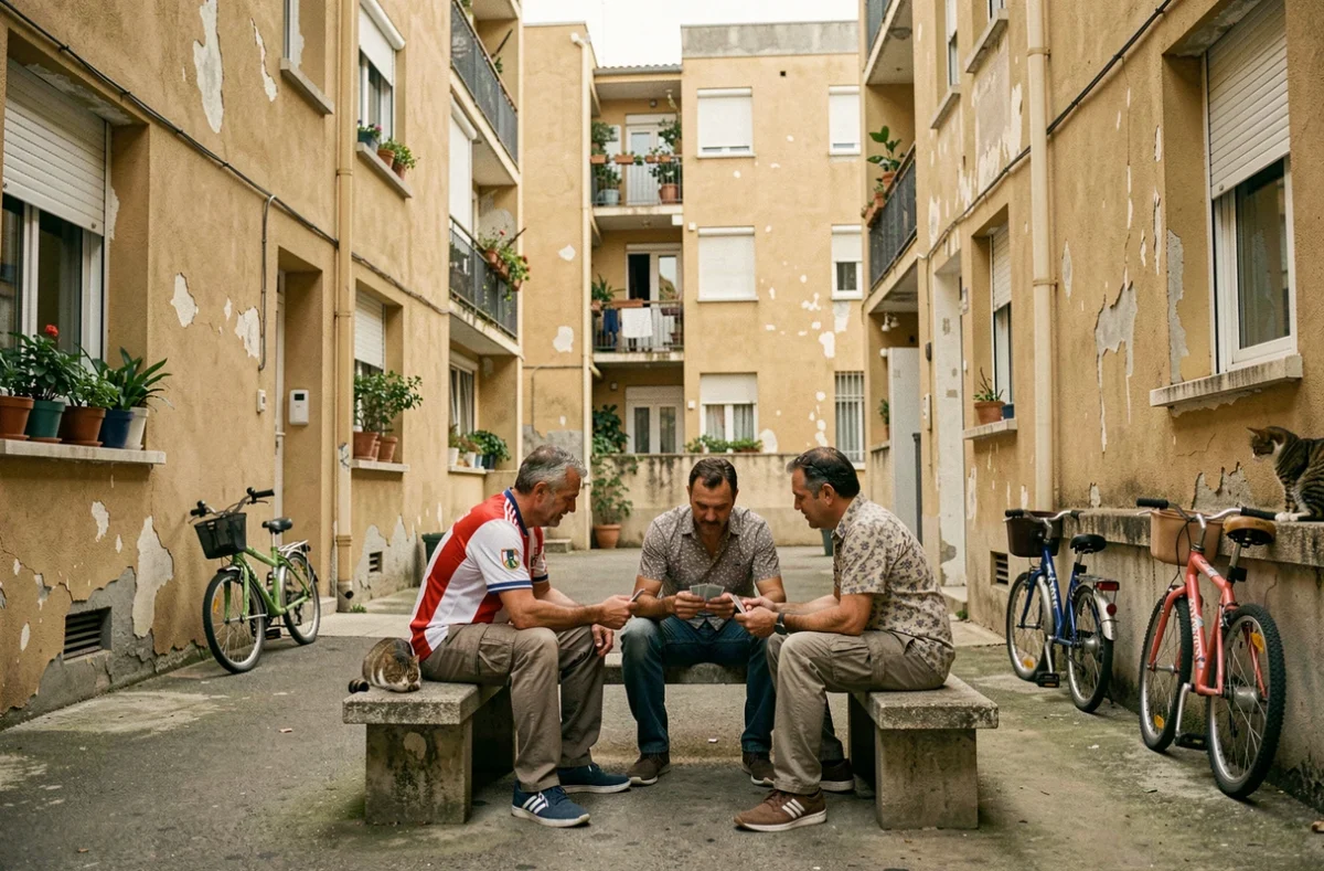 Cour intérieure d'un quartier nord de Marseille avec résidents locaux et atmosphère de vie communautaire