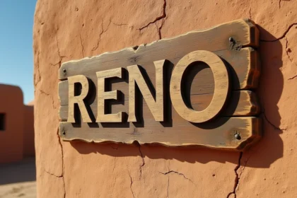 Mots croisés avec la solution RENO, ville du Nevada en 4 lettres, affichée sur un tableau vintage en bois dans un décor désertique