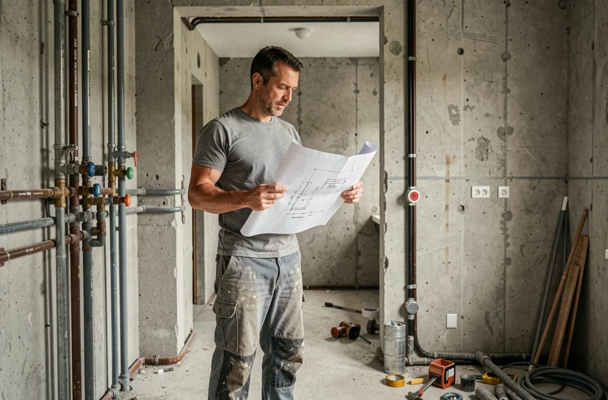Plombier de Renov Plomberie travaillant dans un chantier de rénovation de salle de bain