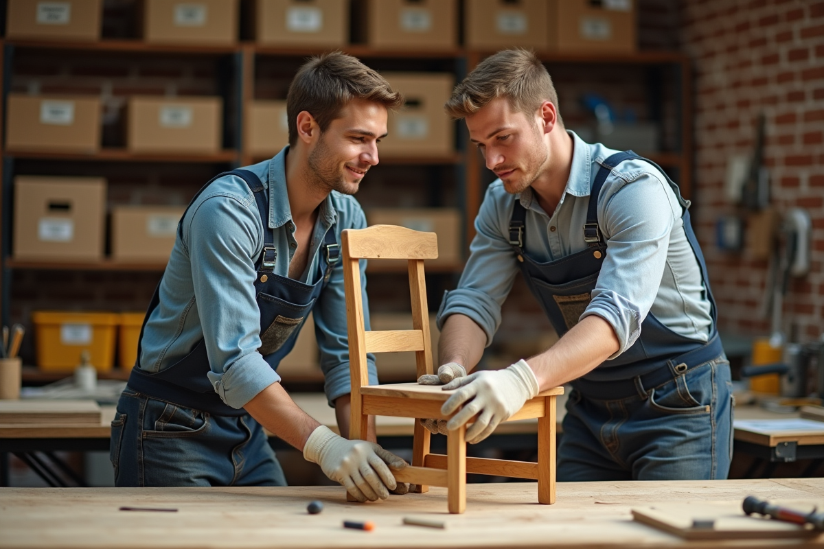 Jeunes réparant une chaise en bois dans un atelier communautaire