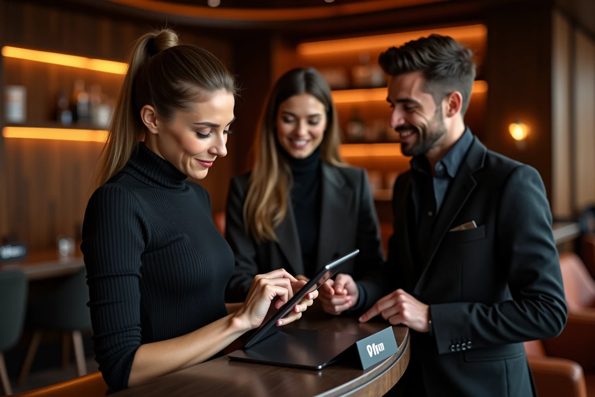 Hôtesse accueillant un groupe pour une réservation en table VIP dans une boîte électro parisienne