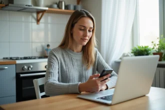 Femme consultant son smartphone pour résilier son forfait Free Mobile depuis son appartement