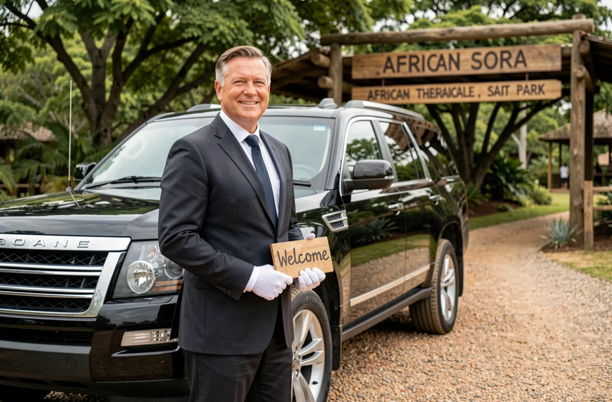 Chauffeur VTC Safari Tours en costume sombre devant un SUV noir à l'entrée d'un parc naturel