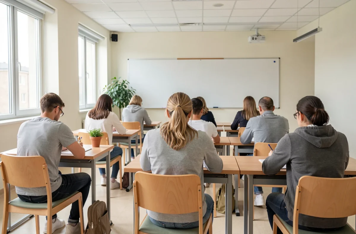 Salle de formation avec des stagiaires pendant l'épreuve théorique