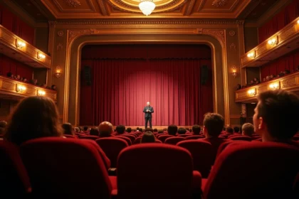 Vue grand angle de la salle du Grand Rex à Paris pendant un spectacle d'humour, rangées de fauteuils velours rouge et scène Art Déco