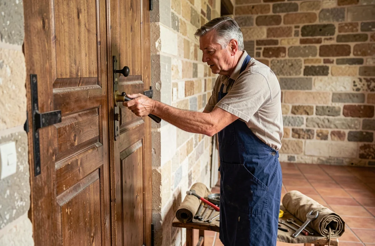 Artisan de la Serrurerie Générale du Berry installant une serrure traditionnelle dans un bâtiment historique du Cher
