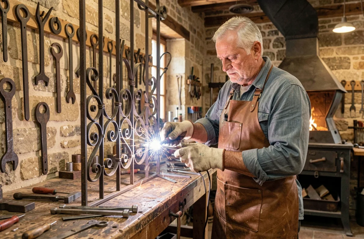 René Dalle, serrurier ferronnier artisan, travaillant sur un élément en fer forgé dans son atelier traditionnel du Cher