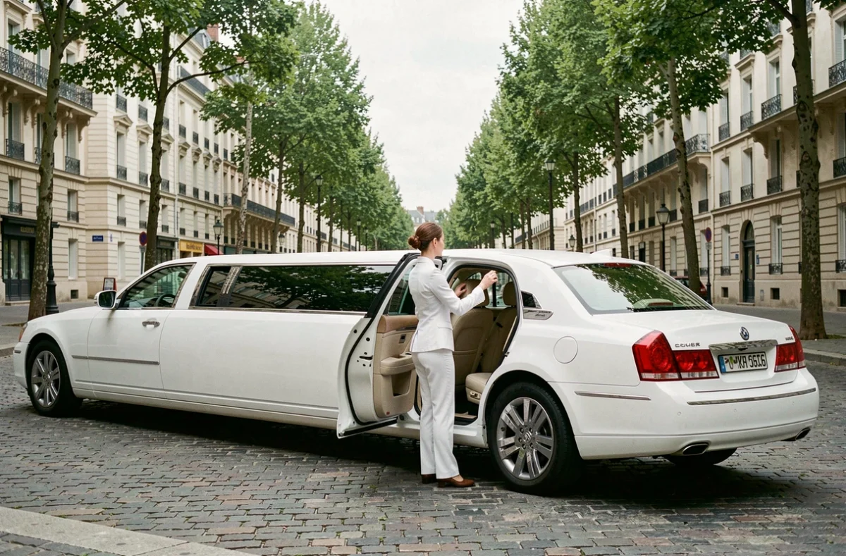 SL Limousine blanche avec chauffeure en uniforme blanc dans une rue arborée d'une ville de Bourgogne-Franche-Comté