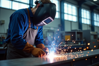 Soudeur en protection dans un atelier lumineux avec étincelles