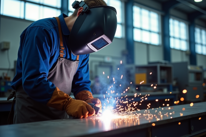 Soudeur en protection dans un atelier lumineux avec étincelles