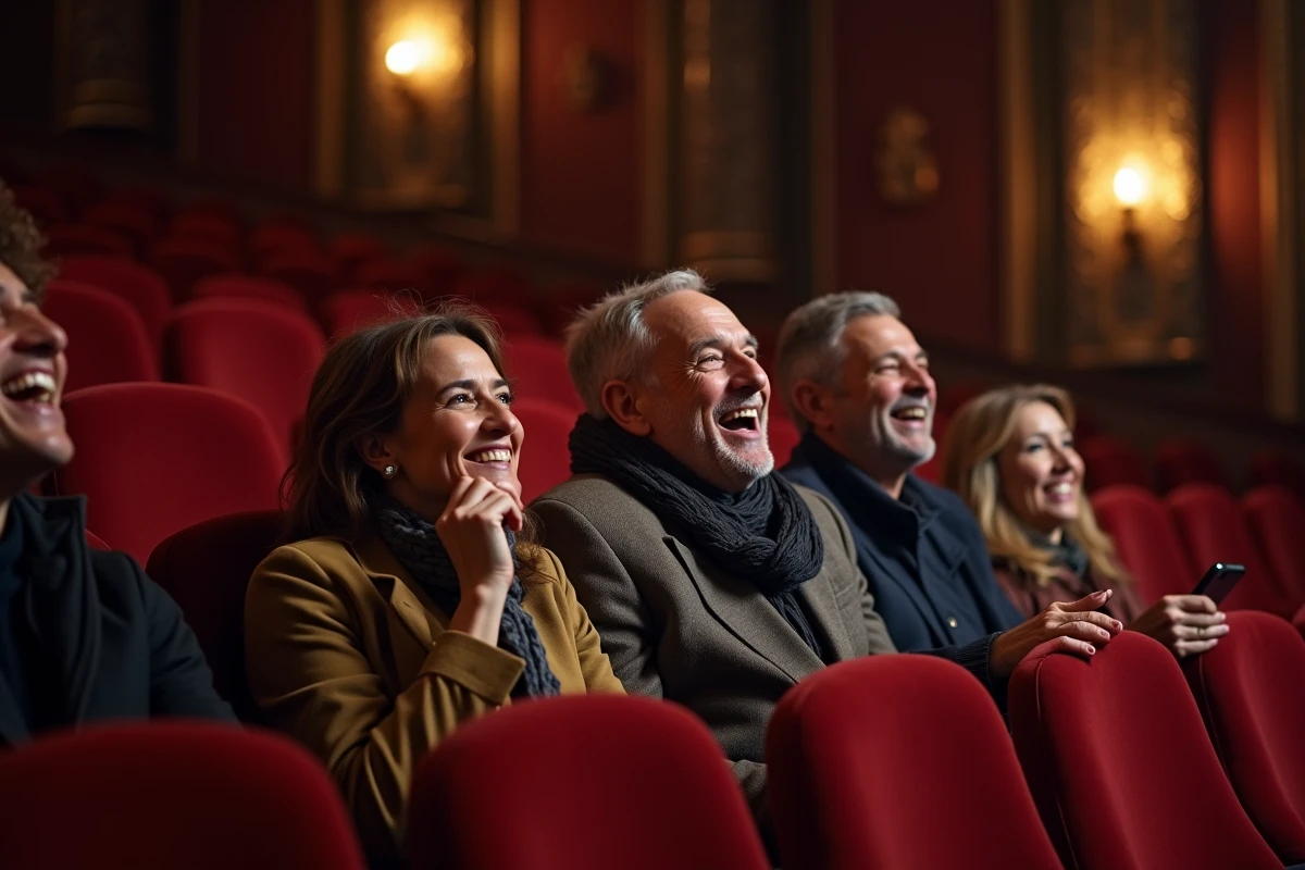 Spectateurs hilares dans les fauteuils velours rouge du Grand Rex lors d'un spectacle comique à Paris