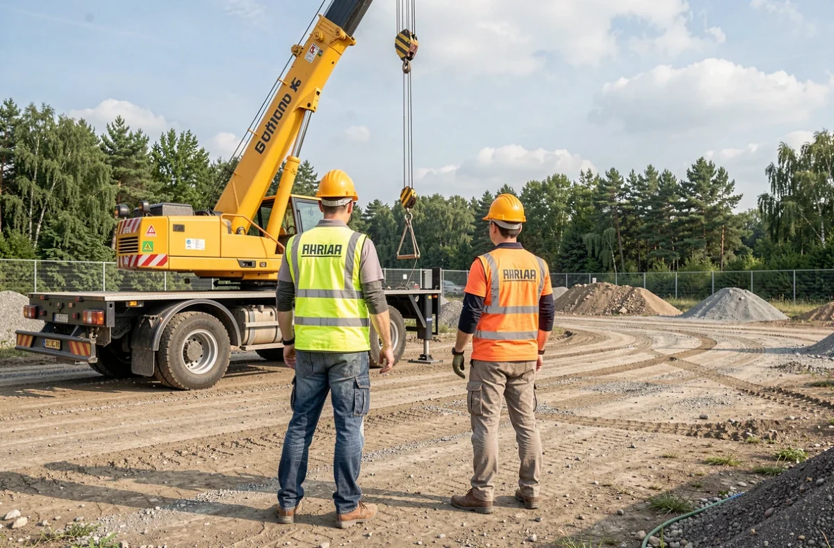 Stagiaire et formateur devant une grue mobile sur un chantier
