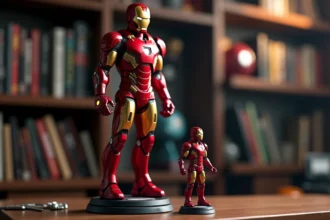 Statue premium Iron Man en résine côte à côte avec une figurine standard sur une étagère de collectionneur, comparaison de taille et de détails