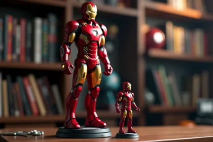 Statue premium Iron Man en résine côte à côte avec une figurine standard sur une étagère de collectionneur, comparaison de taille et de détails