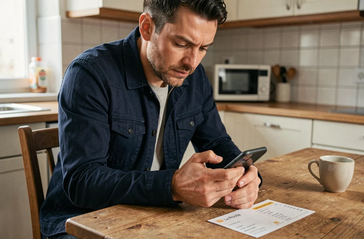 Homme consultant le suivi de courrier La Poste sur smartphone depuis chez lui