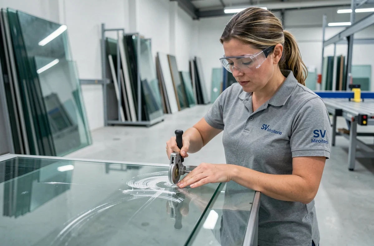 Professionnelle de SV Miroiterie découpant une plaque de verre dans un atelier moderne