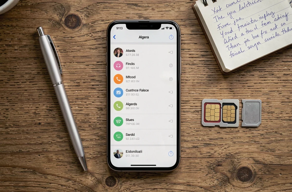 Téléphone affichant un numéro algérien en +213 avec journal d'appels et carte SIM sur un bureau
