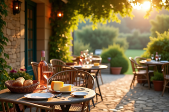 Terrasse ensoleillée dans un restaurant de campagne à Grospierres