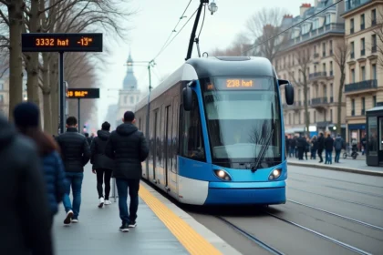 Tramway T3B à l'arrêt sur un quai parisien avec affichage des horaires en temps réel