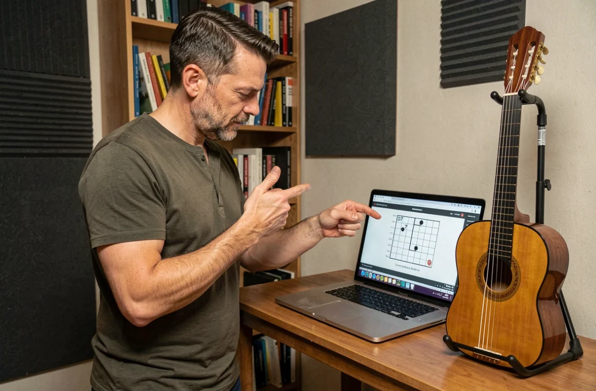 Homme suivant un tutoriel vidéo d'accord D7 en guitare sur ordinateur portable dans un studio maison