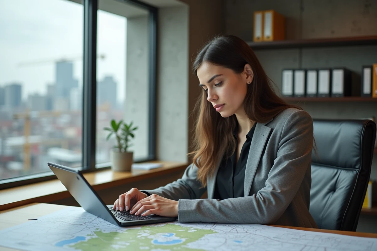 Jeune urbaniste analysant des cartes dans un bureau moderne