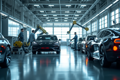 Usine automobile futuriste avec bras robotiques et ingénieurs