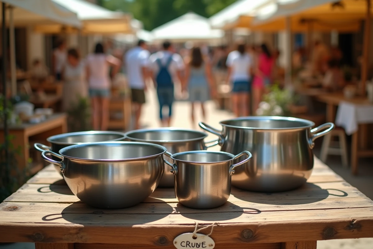 Ustensiles en inox bon marché exposés sur une table en bois à un marché aux puces avec étiquettes de prix