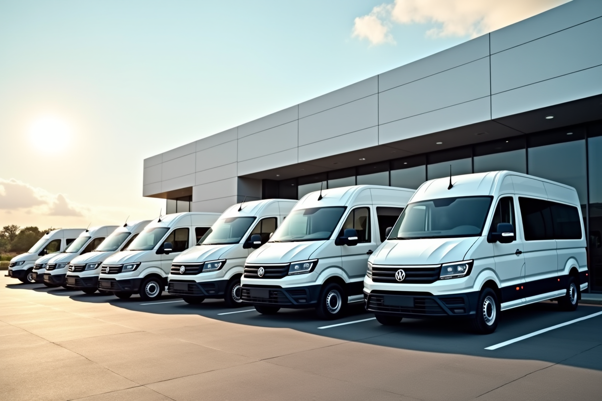 Vans 9 places de différentes marques devant un concessionnaire en plein soleil