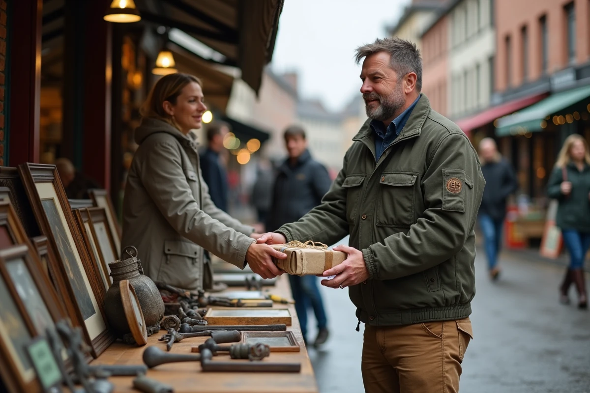 Vendeur de brocante remettant un article à un client lors d'un marché du dimanche dans le Nord
