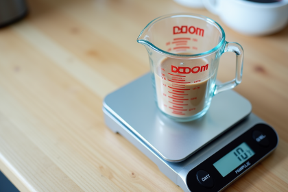 Verre mesure 100 ml avec balance de cuisine vue de dessus