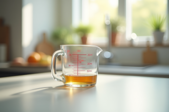 Verre mesure en cuisine avec liquide atteignant 30 ml