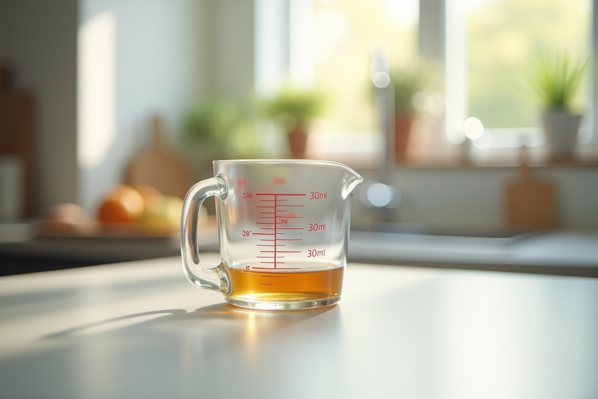 Verre mesure en cuisine avec liquide atteignant 30 ml