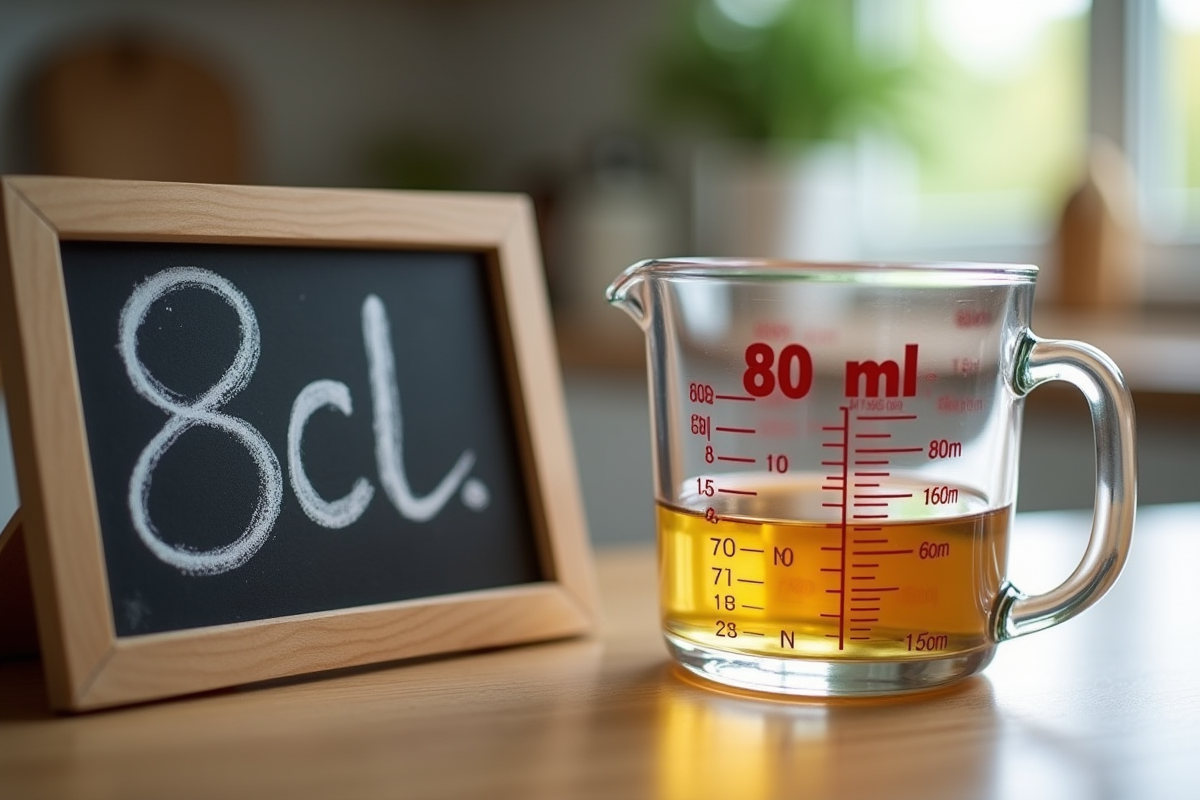 Verre mesureur avec 80 ml sur un plan de cuisine