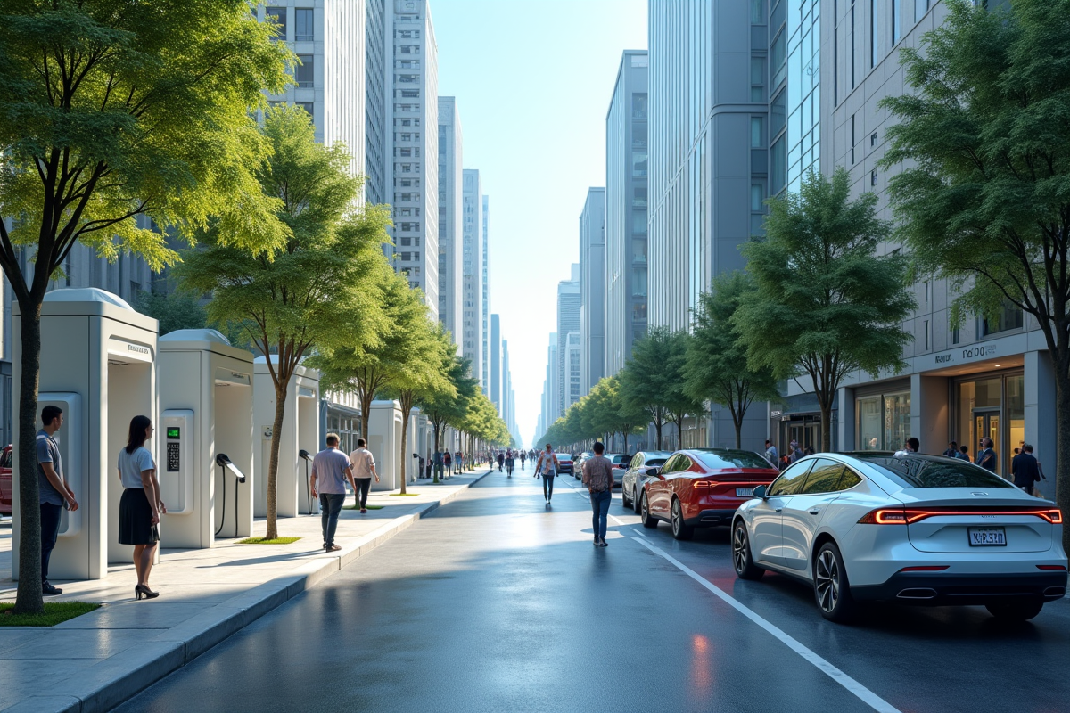 Rue urbaine avec voitures électriques et stations de recharge