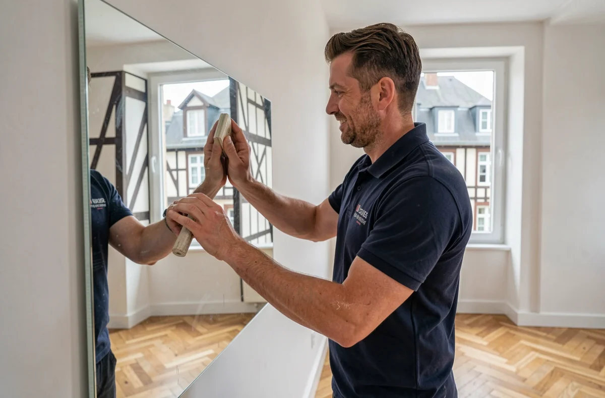 Vitrier miroitier posant un grand miroir sur mesure dans un appartement rénové à Rouen