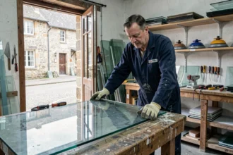 Vitrier professionnel en Normandie manipulant un grand panneau de verre dans son atelier