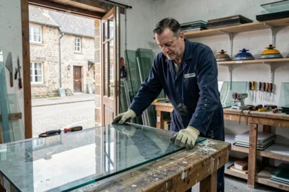 Vitrier professionnel en Normandie manipulant un grand panneau de verre dans son atelier