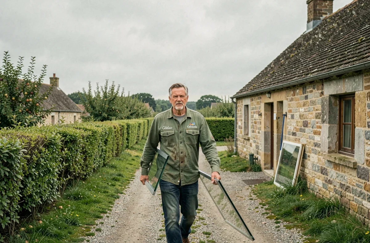Vitrier de proximité du Calvados portant une vitre vers une ferme normande entourée de bocage