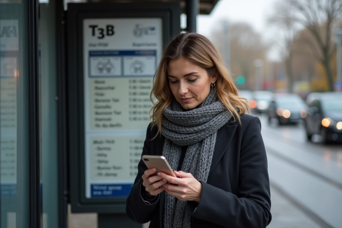 Voyageuse consultant les horaires du tramway T3B en temps réel sur son téléphone à l'arrêt