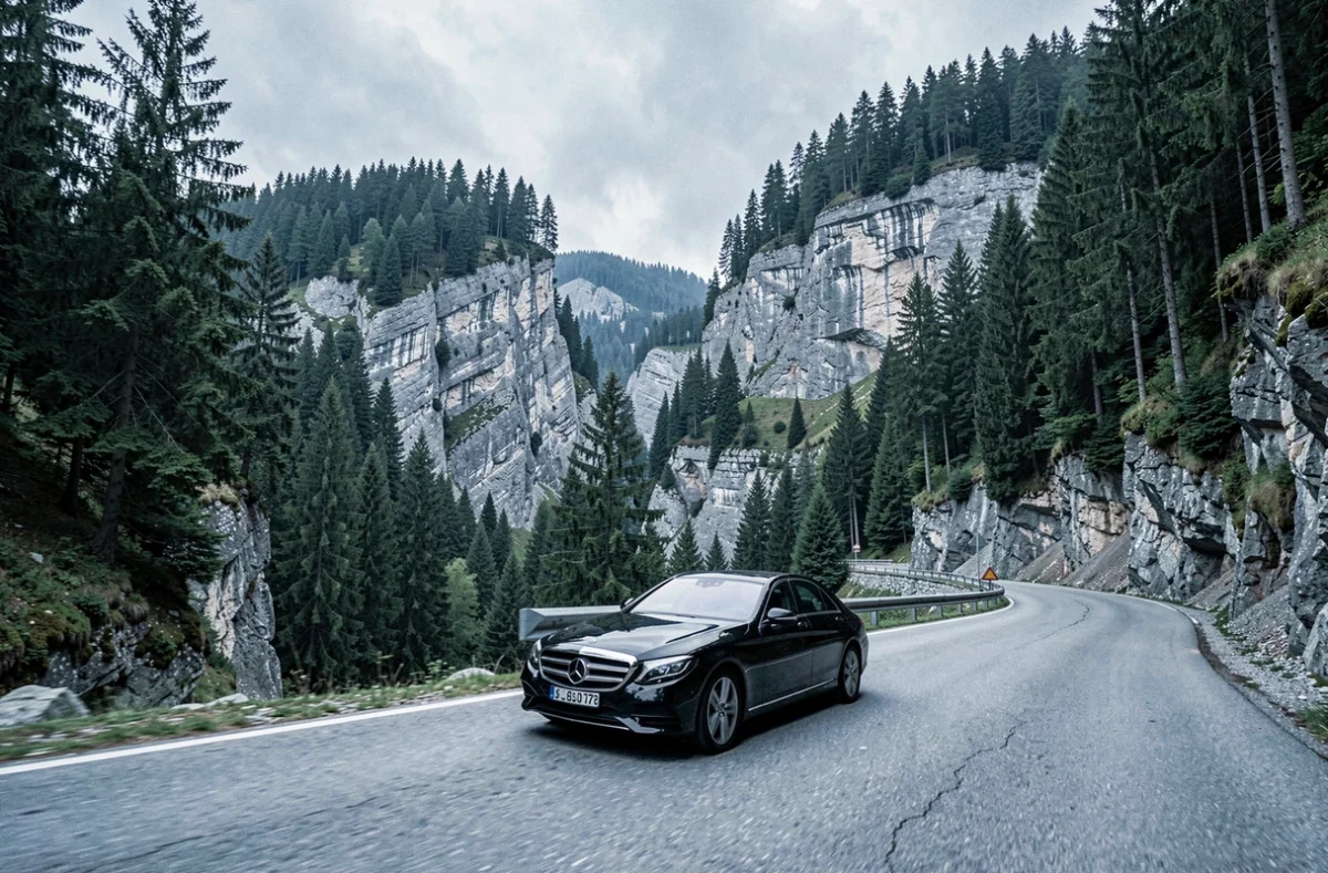 VTC Doubs Services berline noire sur une route de montagne dans le massif du Doubs entourée de forêts de sapins